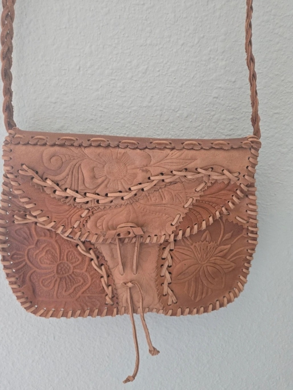 Hand-Tooled Leather Crossbody Bag in Tan